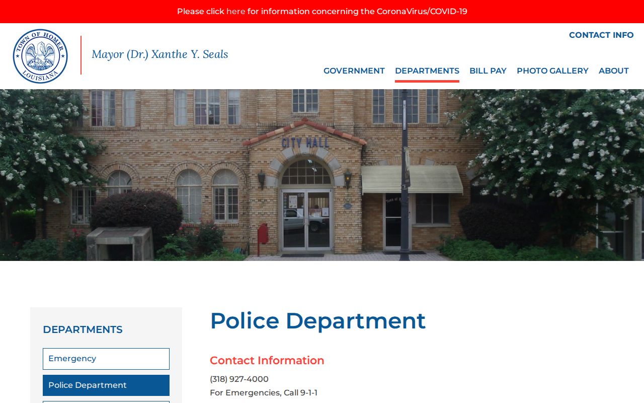 Town of Homer Police Department official contact page