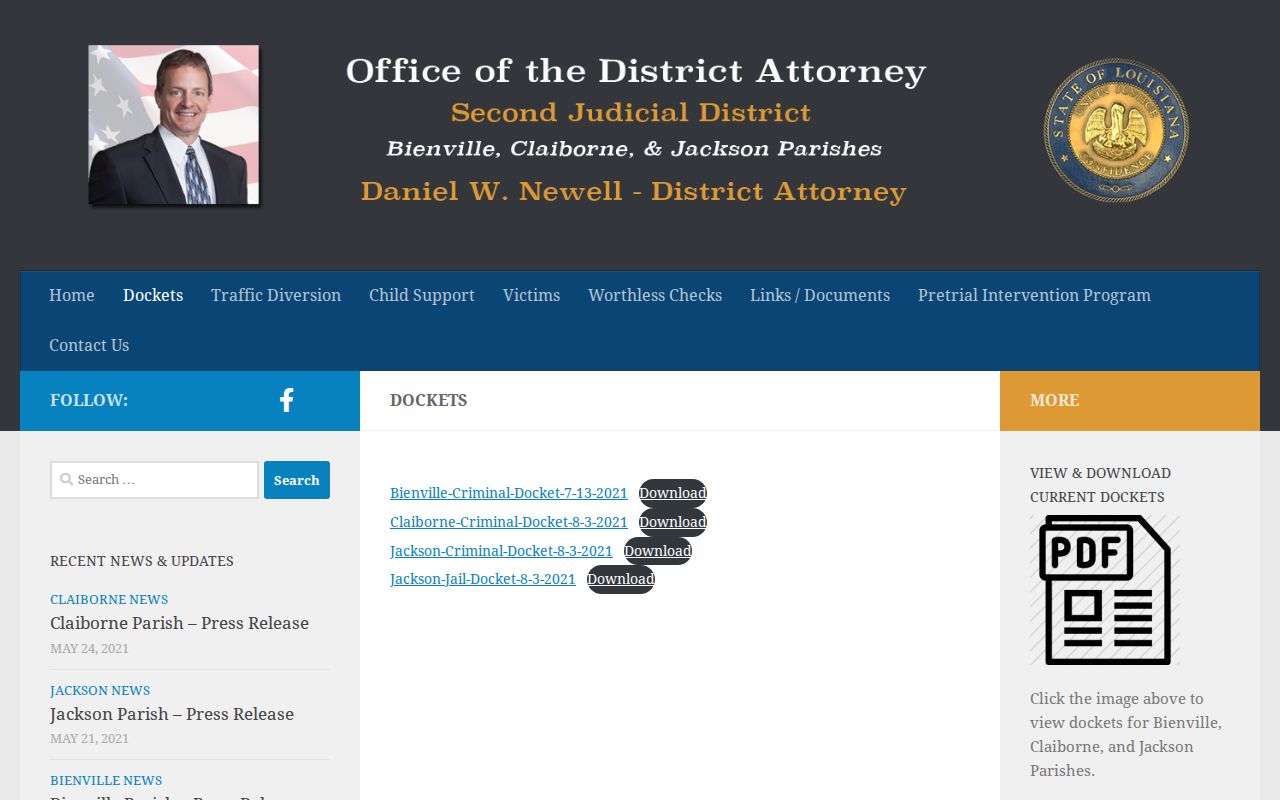 Claiborne Parish arrest case docket access through the Second Judicial District