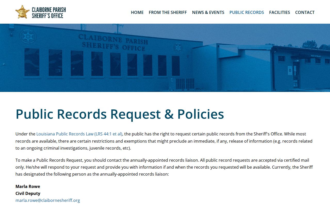 Claiborne Parish arrest records certified-mail request instructions