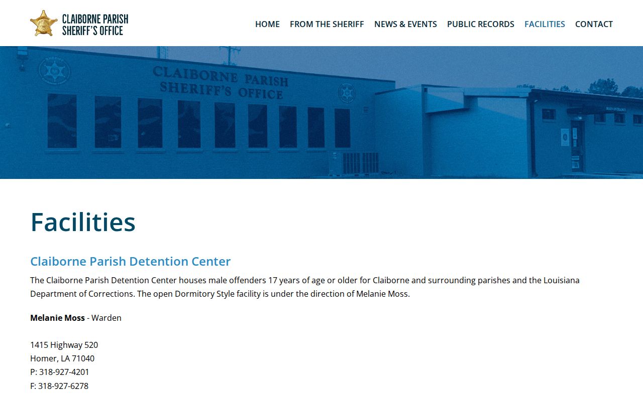 Claiborne Parish arrest custody facilities information from the sheriff