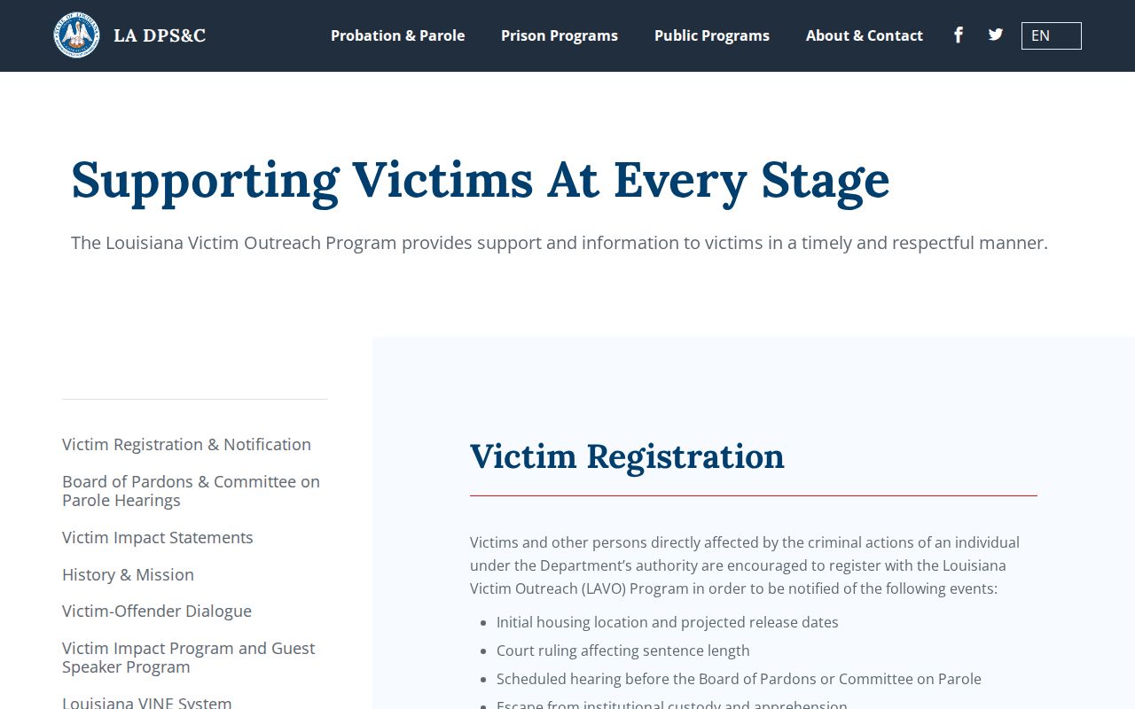 Louisiana Department of Public Safety and Corrections Victim Services page