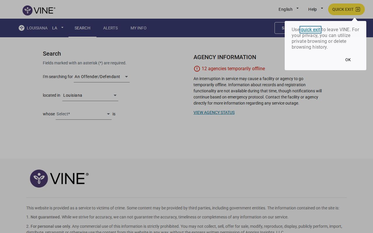 VINELink Louisiana person search screen