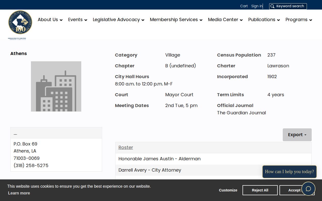 Louisiana Municipal Association profile for Athens village